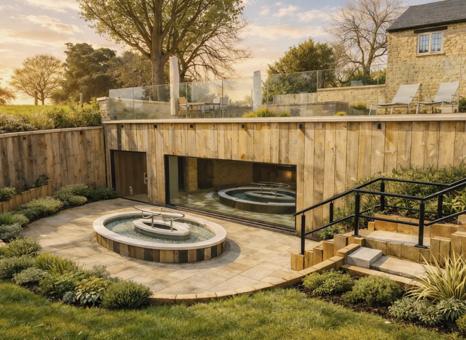 Outdoor spa garden at Homefield Grange exclusive use retreat venue