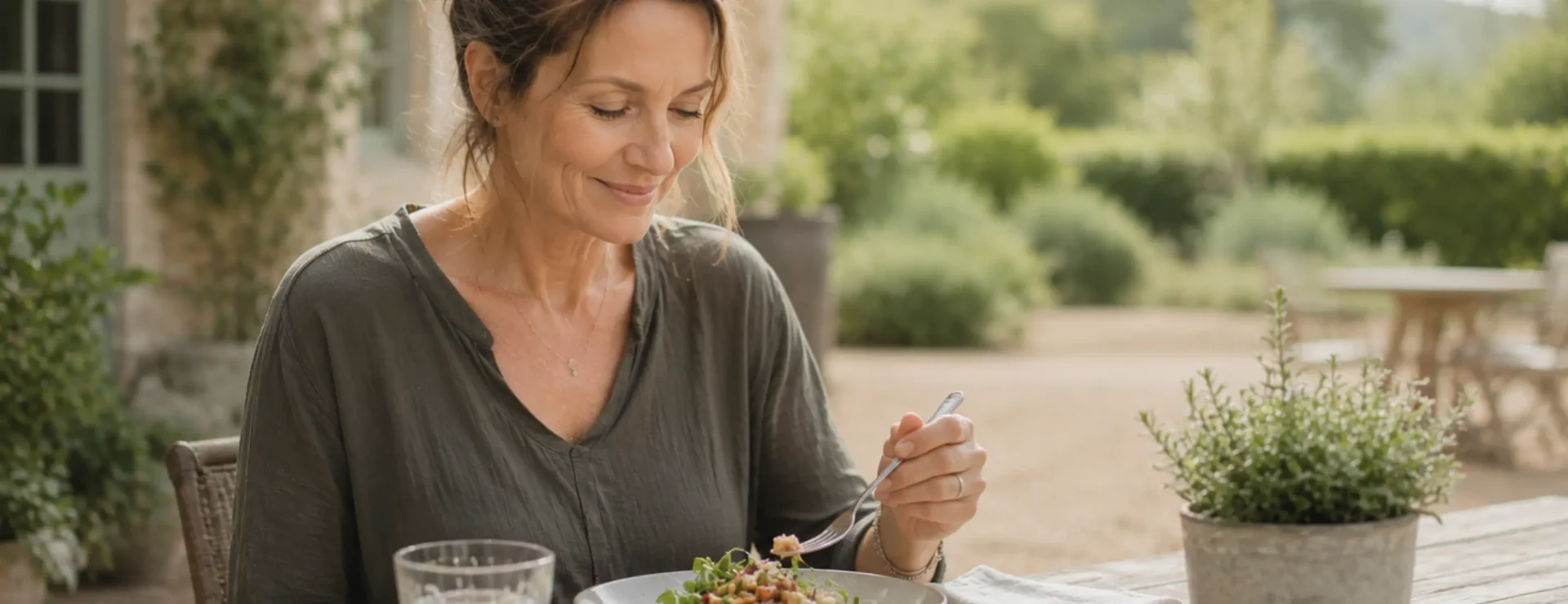 Woman enjoying nourishing food outside during a weekend wellness retreat at Homefield Grange