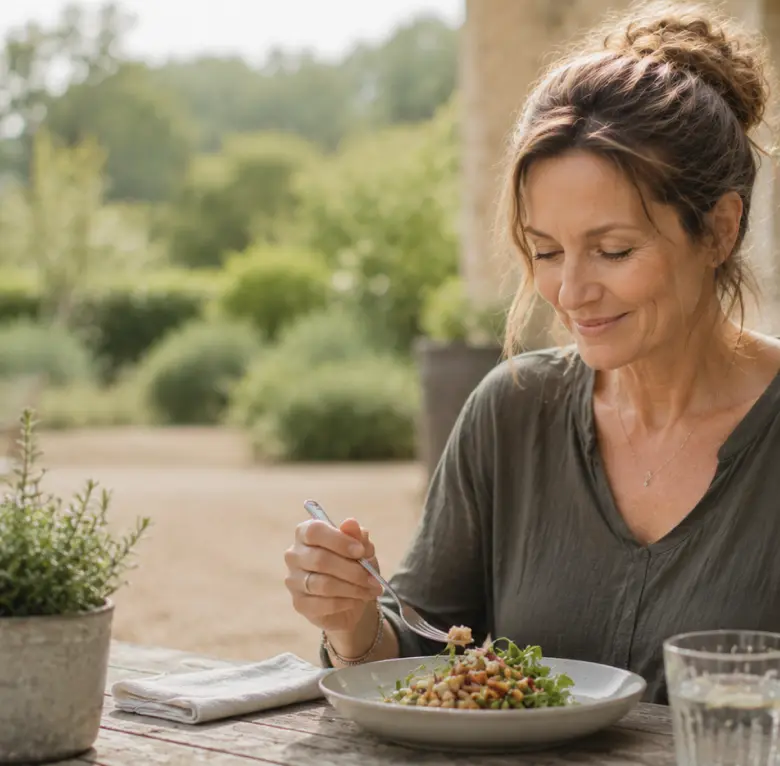 Woman enjoying healthy plant-based food outside during a weekend wellness retreat at Homefield Grange